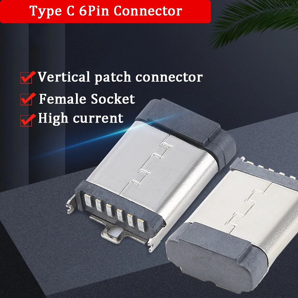 5Pcs High Current USB  Type C 6Pin Vertical Patch Female SMT Socket PCB Connector For Charging and data transmission Placement