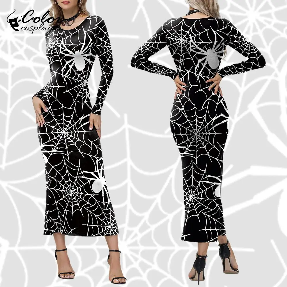 Color Cosplayer Halloween Gown Black Women Dress Long Sleeved Party Outfit Spider Web Witch Cosplay Costume Carnival Gothic Robe