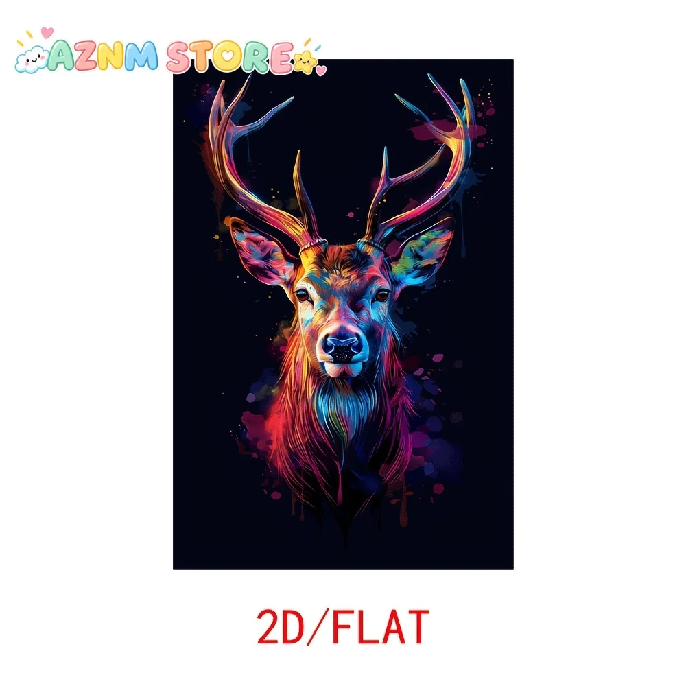 2D Flat, 1pc Frameless Deer Painting - Modern Neon color animal art Print with Vibrant Red, Blue, Purple, Pink Splash on Dark