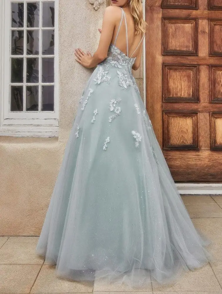 Glitzernde Tüll-Abschlussballkleider für Teenager, Spitzenapplikationen, Perlen, lange Ballkleider, Spaghettiträger, formelle Kleider, Abendkleider