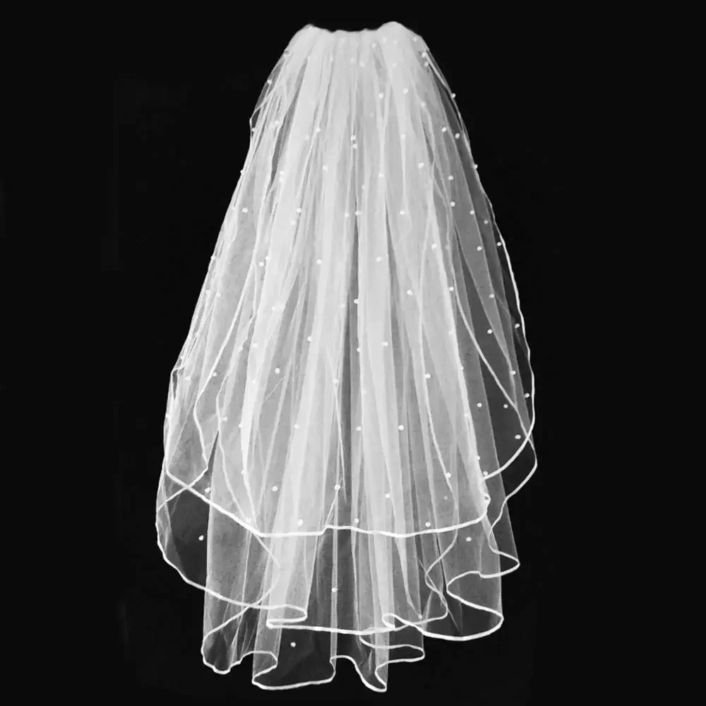 Wedding Veil White Bridal Comb 3 Tier Ribbon Edge with Pearl Center 2024