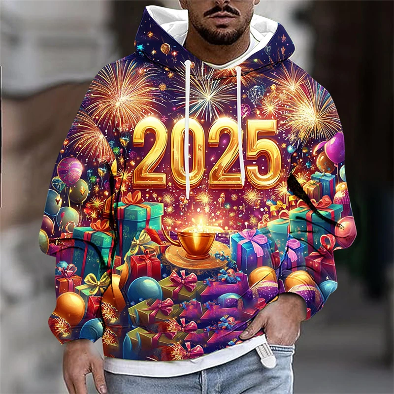 Happy New Year 2025 Hoodies Fashion Autumn Long Sleeve Trend 3D Fireworks Printed Sweatshirts Casual Streetwear Oversized Hooded