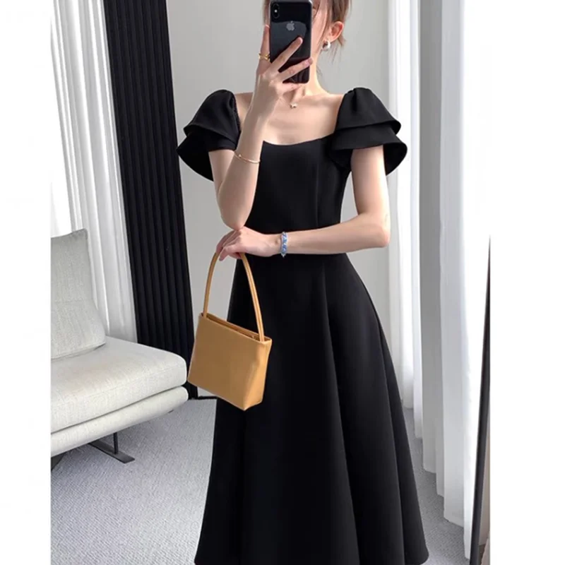 

Bla Slim Fit Summer New Sle Women's Dr Square Collar Hepburn Sle Long Dr Large Size Faionable Agel Women's C...