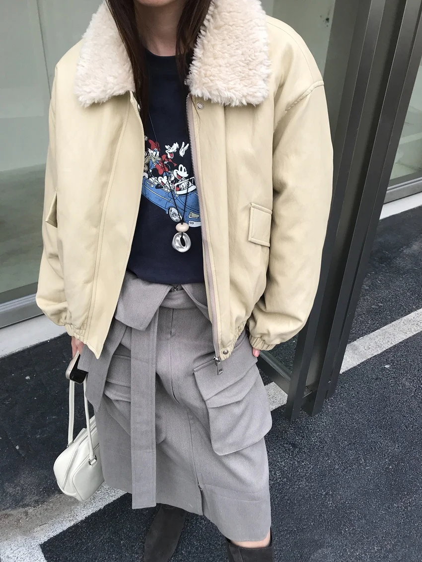 Alien Kitty Retro Lamb Wool Jackets Women New Slim Thicken PU 2026 Warm Cotton Winter Loose Daily Office Lady High Street Coats