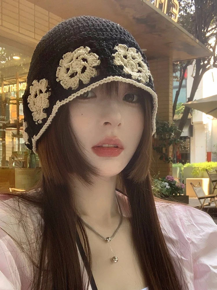 Hand Knitted Fisherman Hat Women's Hollow out Crochet Flower Bucket Hat Face Slimming Casual Style round Top Short Brim Hat