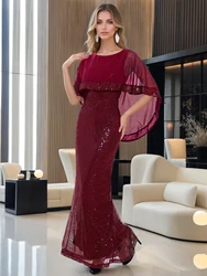 Romagic Burgundy Arabic Evening Party Dress O Neck Modest Stretch Sequin Chiffon Women Wedding Dress Formal Dinner Gown 2024