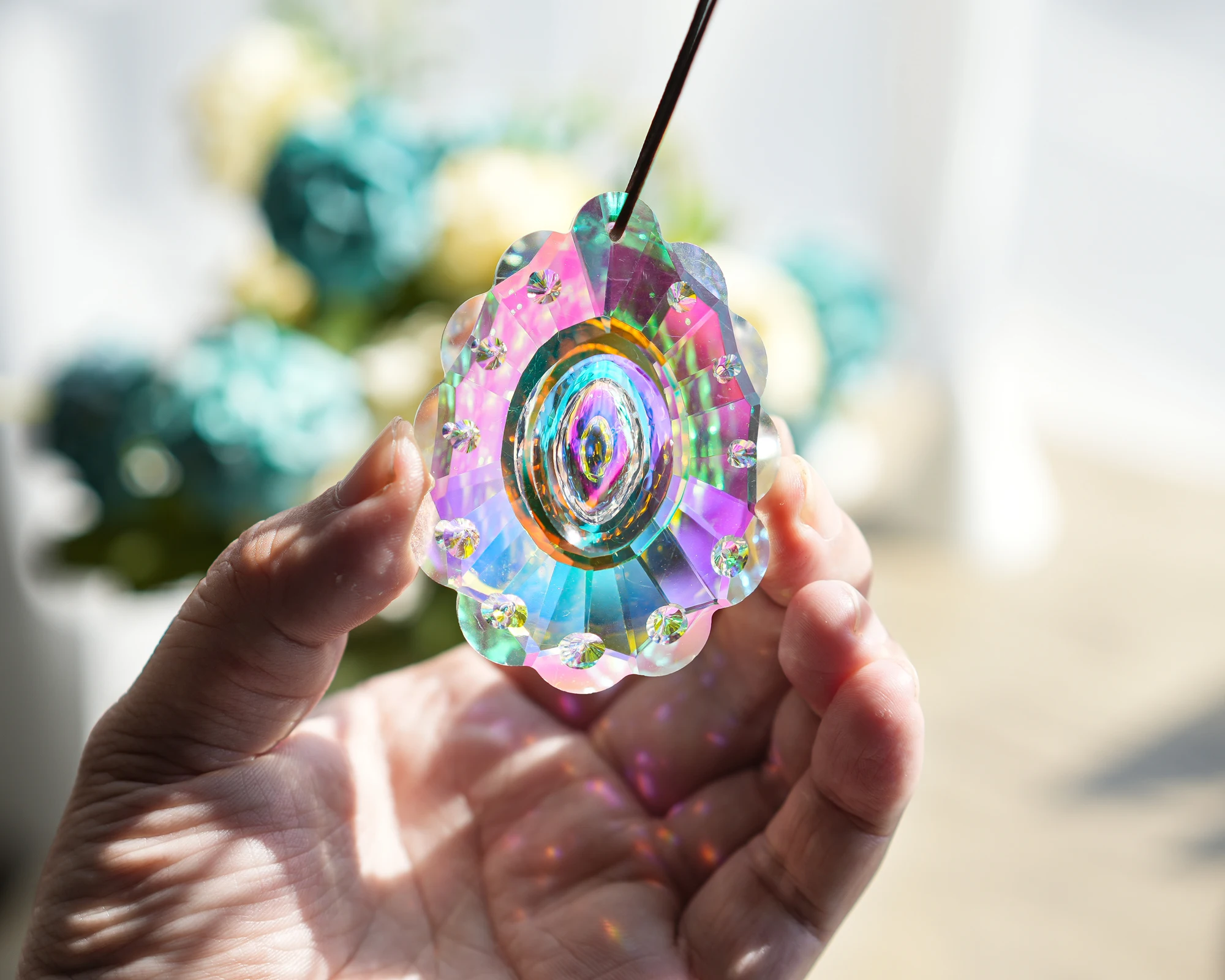 H&D 76mm Colorful Crystal Peacock Prism Suncatcher Crystal Glass Prism Pendant DIY Accessories Christmas Tree Ornament