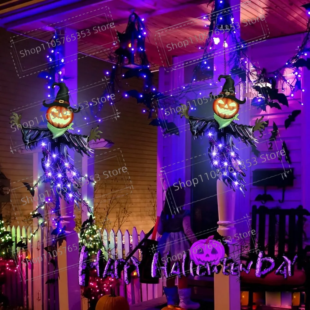 Halloween Hanging Solar Illuminated Pumpkin Witch Ghost Courtyard Party Decoration Outdoor Yard, Porch & Door Spooky Decor