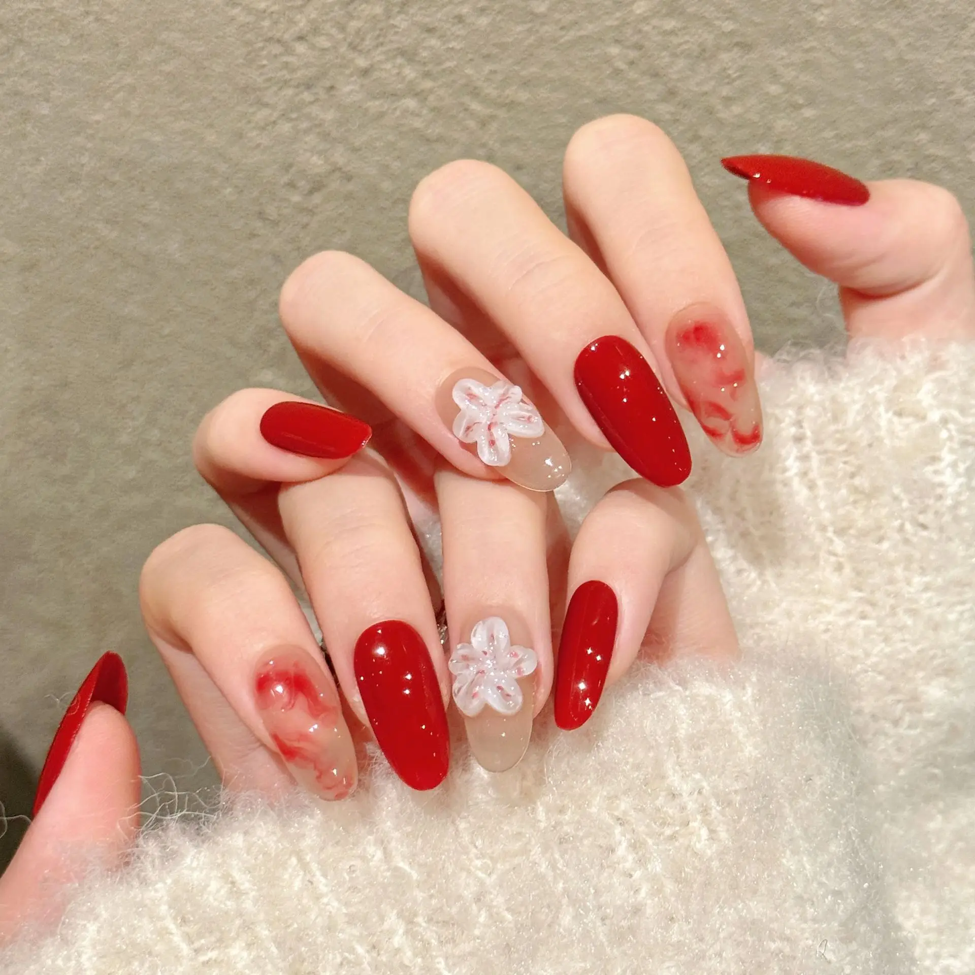 10pcs Handmade Oval Press on Nails with 3D Flower Design Cow Pattern Wearing False Nails Wearable Fashion French Fake Nail Tips