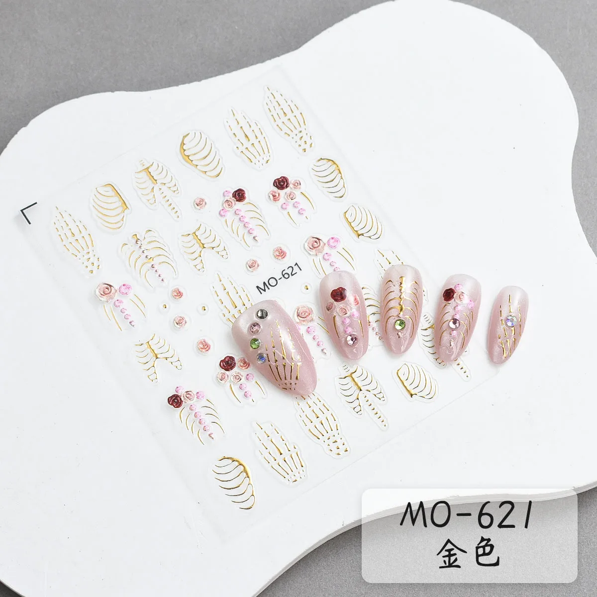 1PCS 할로윈 5D 네일 아트 스티커 고딕 골든 해골 엠보싱 스켈레톤 핸드 슬라이더 데칼 매니큐어 DIY 장식 액세서리