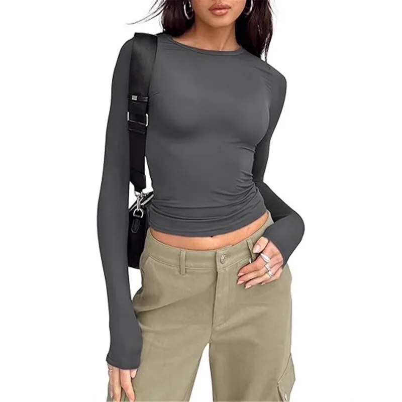 AliExpress – T-shirt court à manches longues, couleur unie, polyvalent, européen et américain, automne hiver