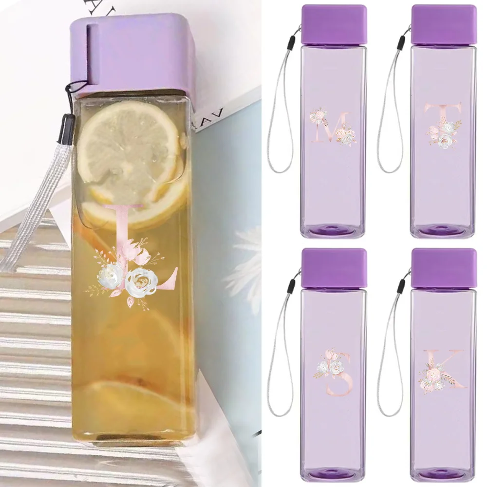 

Clear Purple Square Water Bottle Lightweight Plastic Tumbler With Lanyard Leakproof Drinking Cup Pink Flower Pattern