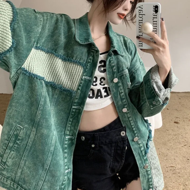 Hole Sale Spring Autumn Female Jeans Coat Patchwork Graphic Green Ripped Outerwears Long Trench Women\'s Denim Jackets with Print