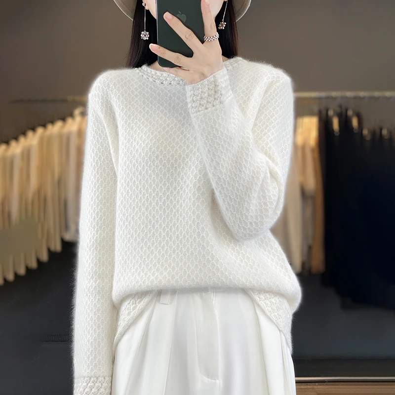 

CAIXINGLE Honeycomb Hollow Round Neck Women's Sweater Autumn Winter New 100% Wool Pullover Fashion Versatile Knitted Top