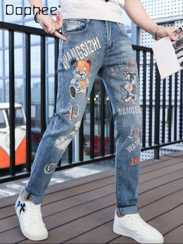 Street Panda Printing Light-Colored Jeans Men's High Street Pants Washed Handsome Casual Trousers Summer Thin Skinny Jeans Men