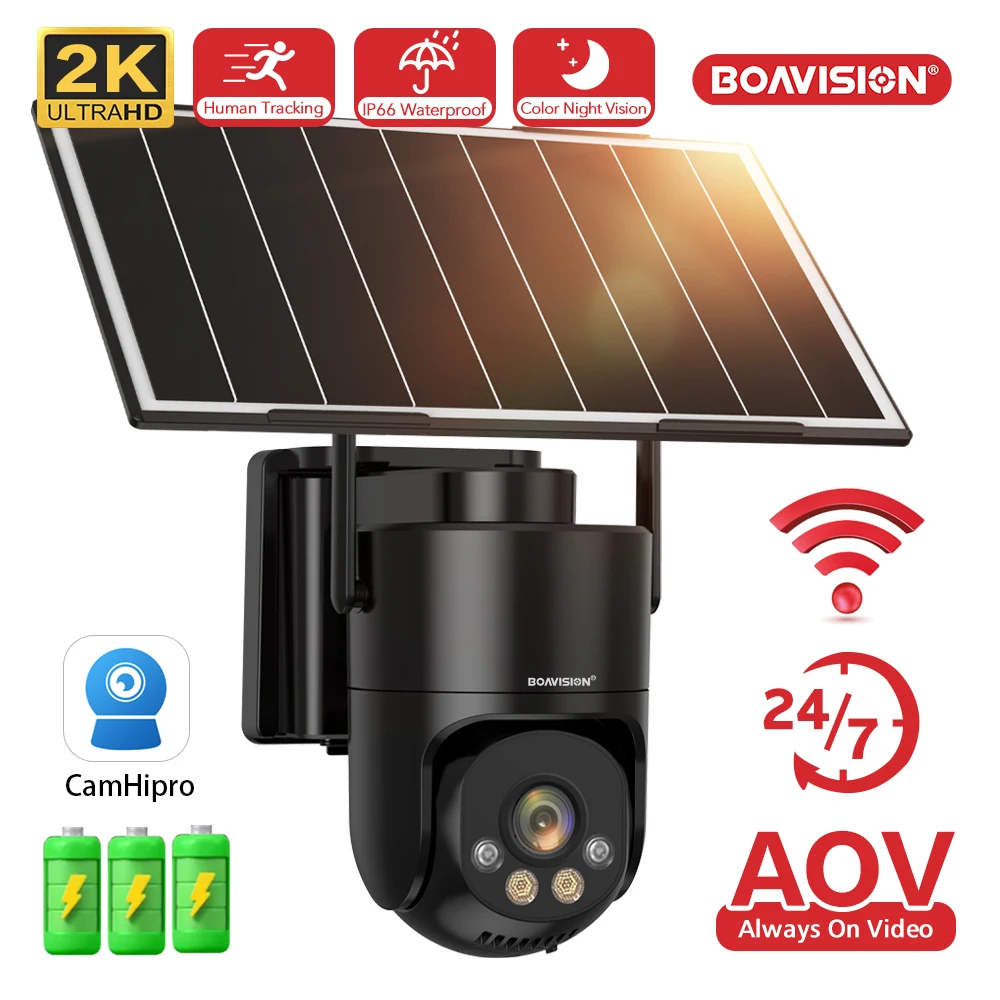 2K 3MP AOV (Always On Video) WIFI Camera Outdoor PTZ Build in Battery Solar Powered Color Night Vision Wireless Security Camera