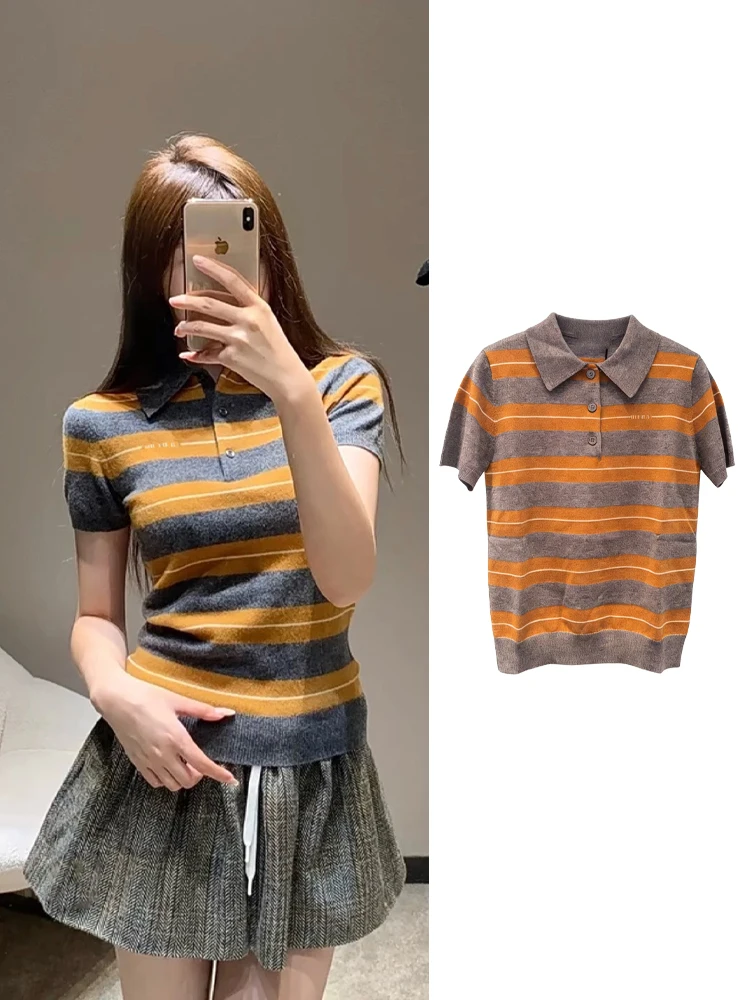 

High Version Original Label Autumn College Style Striped Knitted Shirt Short Sleeve T-Shirt Jennie Zhang Ying Neck