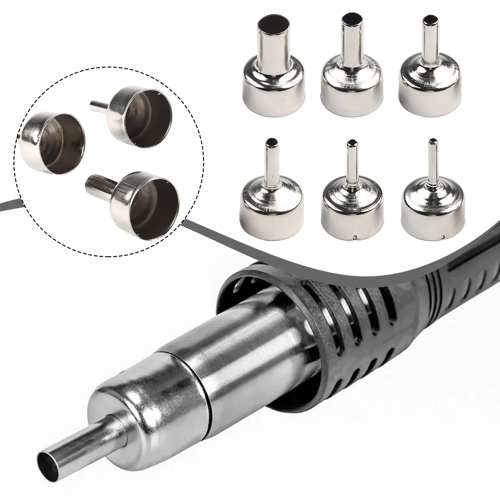6pcs Nozzles for 858D+ 8586 Hot Air Soldering Welding Station with Multiple Inner Diameter Sizes and Stainless Steel