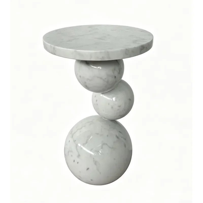 White Marble Polished Handmade Model Side Table Modern Coffee Table 3 Ball Stacked Pedestal End Table Stone Living Room