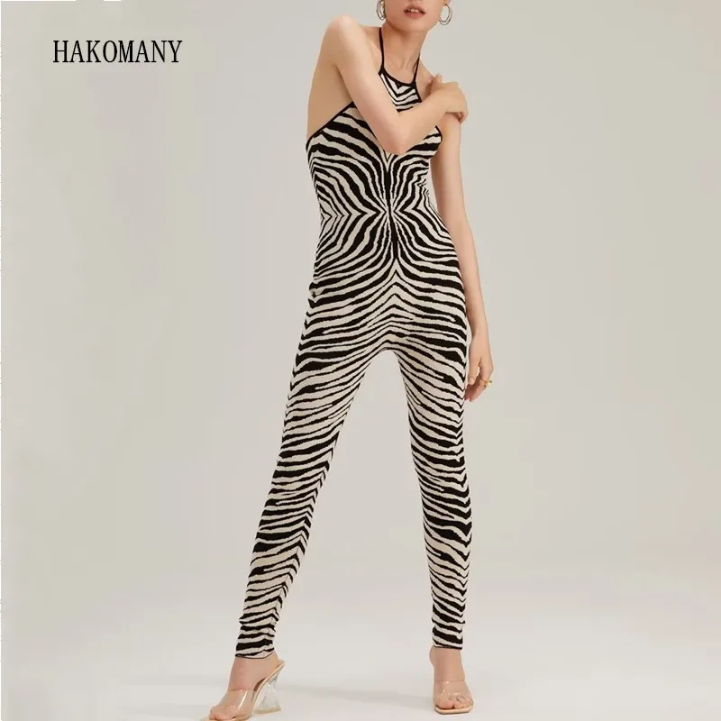 

2023 Women Back Zipper Slim Waist Strech Long Pants Jumpsuits Backless Romper Sexy Zebra Striped Knitting Halter Bodysuits