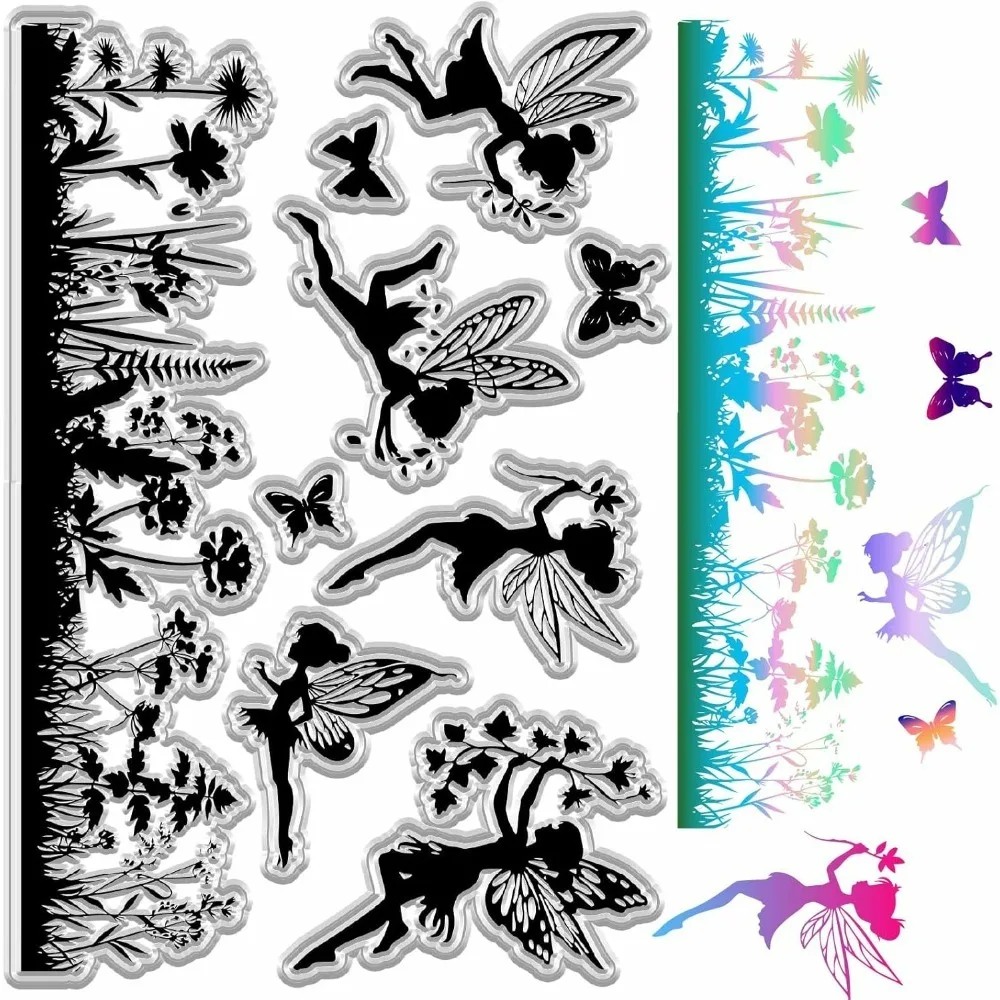 Fairy Stamps Clear Silicone Stamp Elves Angel Grass Dandelion Weed Plant Butterfly Halloween Reusable Rubber Stamp