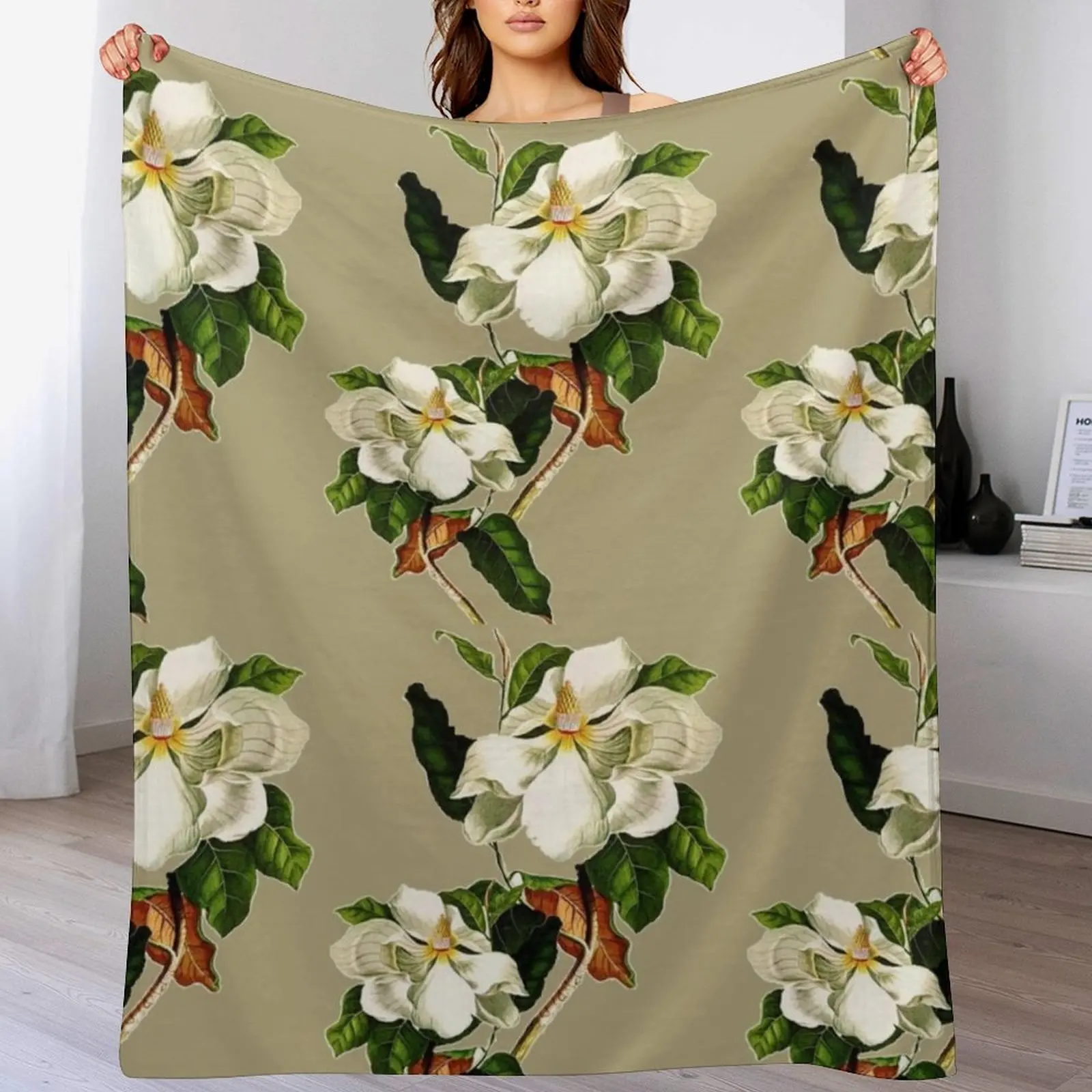 Vintage White Magnolia Pattern on Khaki Background Throw Blanket Soft Beds Furry Thins Blankets