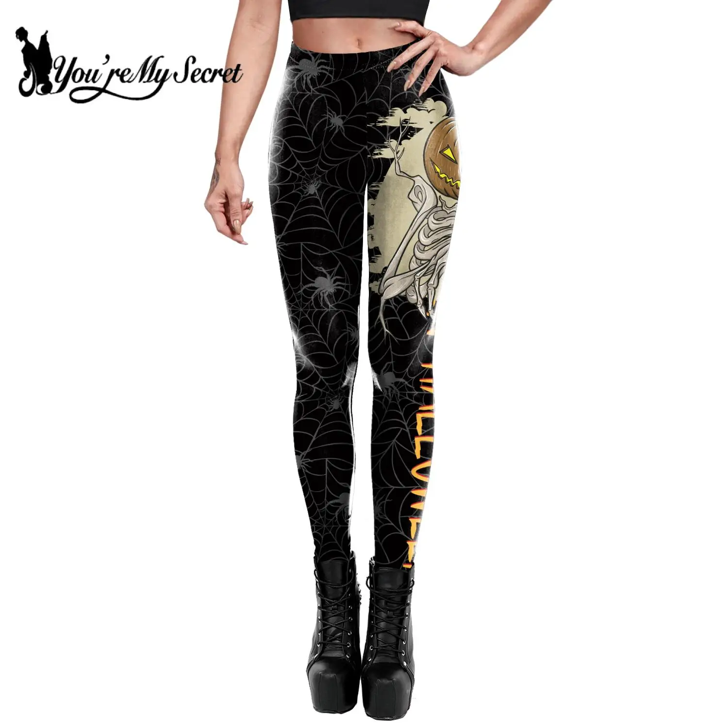 

[You're My Secret] Women's Sexy Workout Pumpkin Ghost Skull Halloween 3D Printed Trousers Casual Slim Leggings High Waist Pants