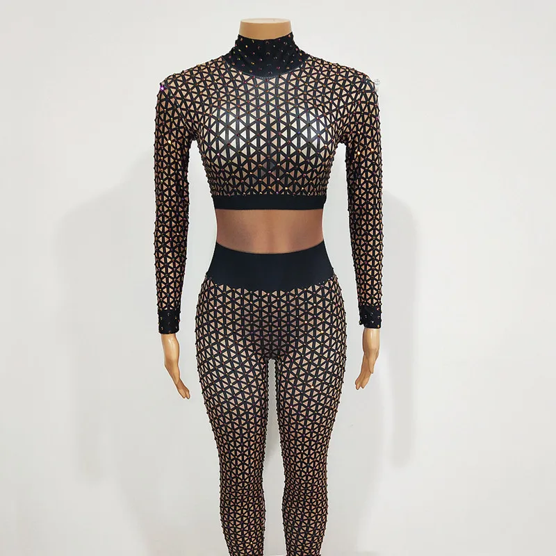 

Sparkly Rhinestones Printed Long Sleeve Jumpsuit Women Birthday Party Nightclub Bar Crystal Leotard Singer Pole Dance Costume