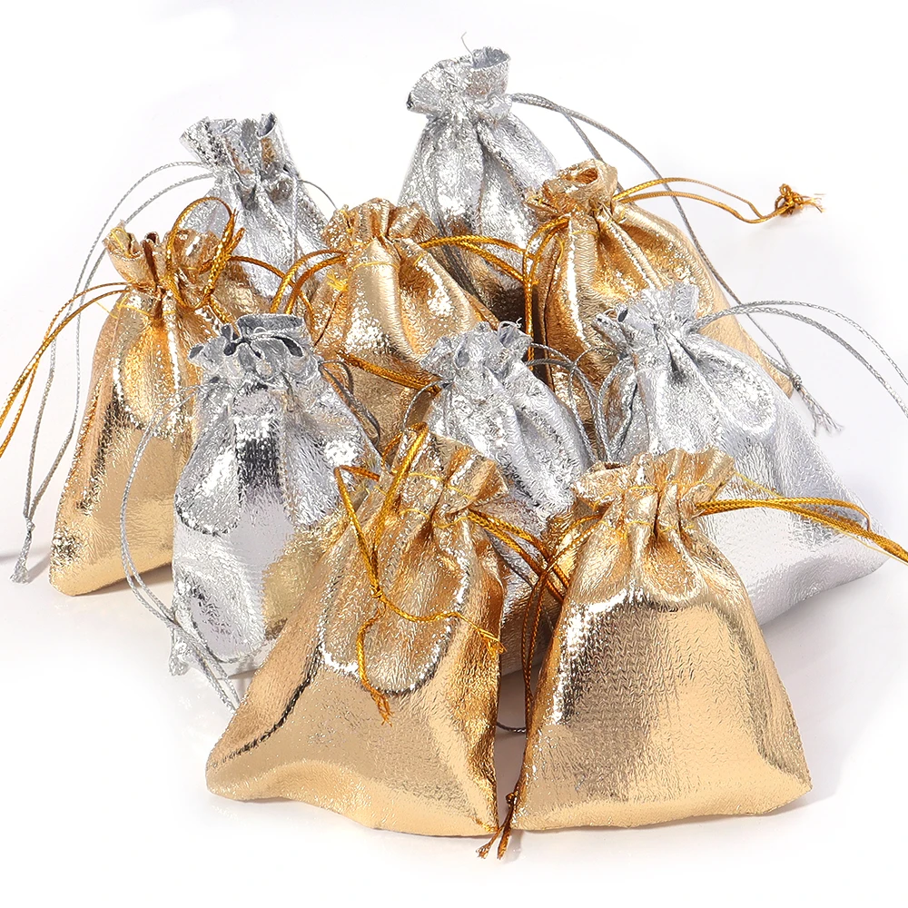 5-10pcs/lot Gold Silver Drawstring Bags Multisize Jewelry Storage Display Pouches For Wedding Party Gifts Candy Packaging Bags