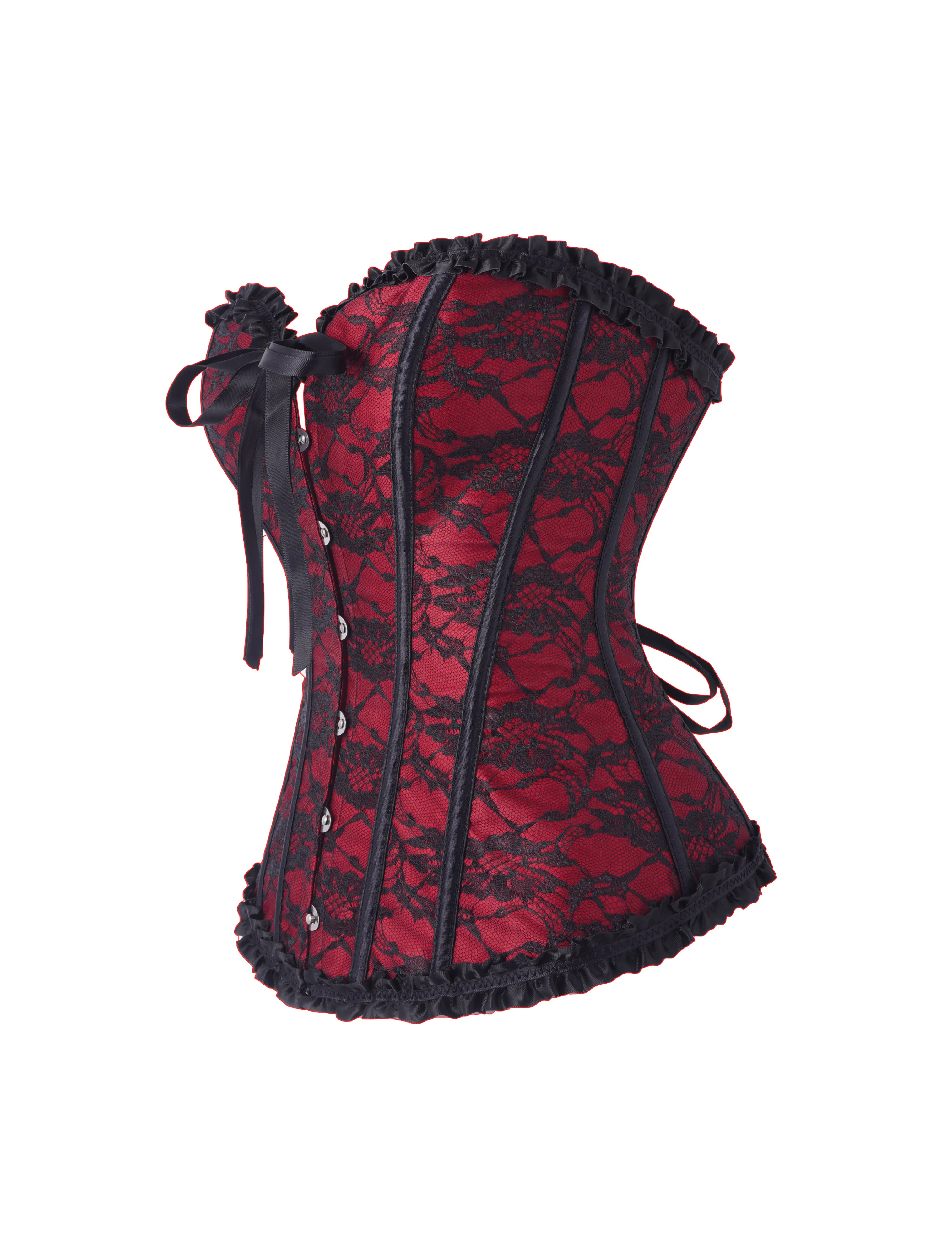 Women's Red Base Black Lace Corset Strapless Sweetheart Front Hook Back Satin Lace Up - view 4