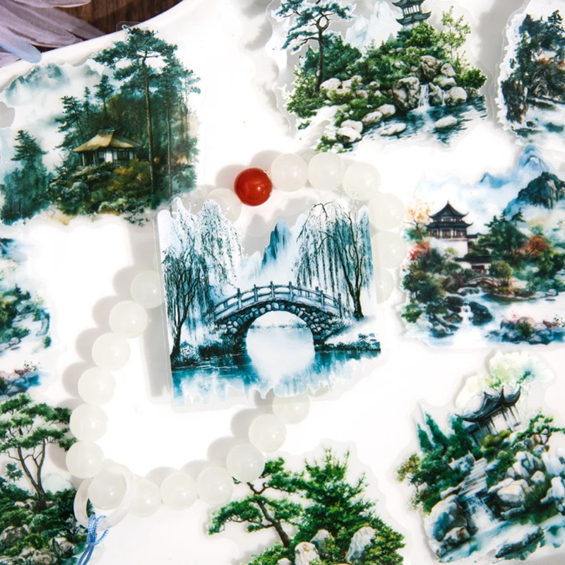 6 Books X20Pcs Waterproof PET Sticker Courtyard Deep Series Retro Chinese Style Landscape Architecture Pattern Manual Account
