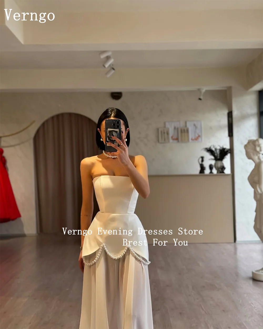 Verngo Elegant Crepe Evening Dress Pearls Strapless A Line Formal Occasion Dresses Women Long Slim Prom Gowns Customized - Image 4