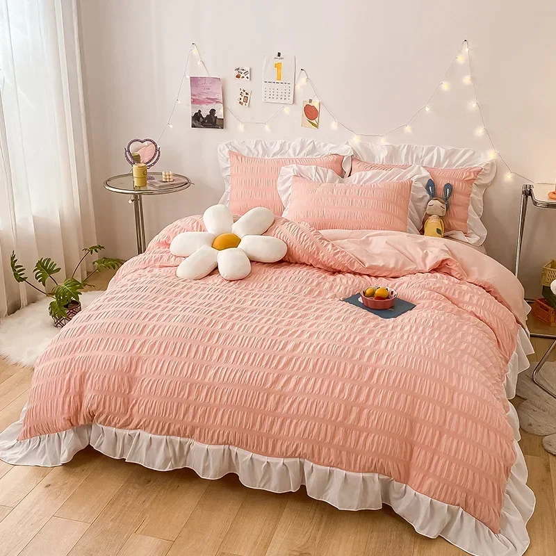 4 Pieces Princess Style White Seersucker Bedding Set Lace Bedspread Quilt Duvet Cover Set Washable Cotton No Comforter