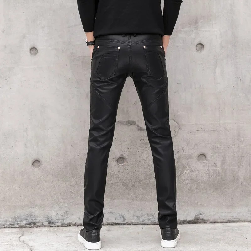 2024 New Men Black Faux Leather Pants Fashion Skull Patchwork Mens Skinny Leather Pant High Quality Slim Fit Pencil Pants  28-36