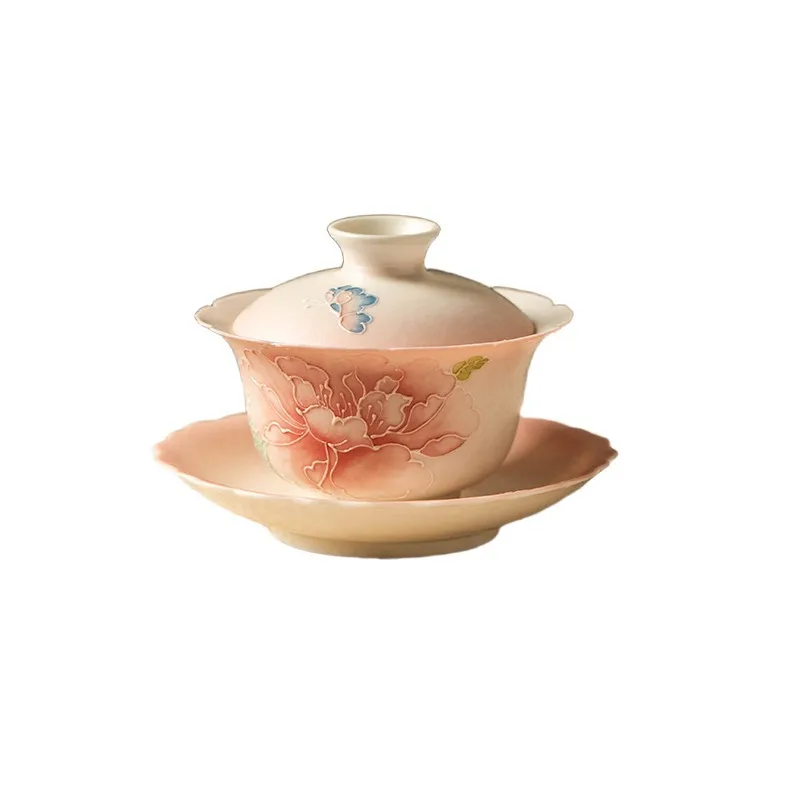 

Hand-painted peony ceramic flower mouth cover bowl Household large Sancai cover bowl Tea bowl Ladies high-value tea