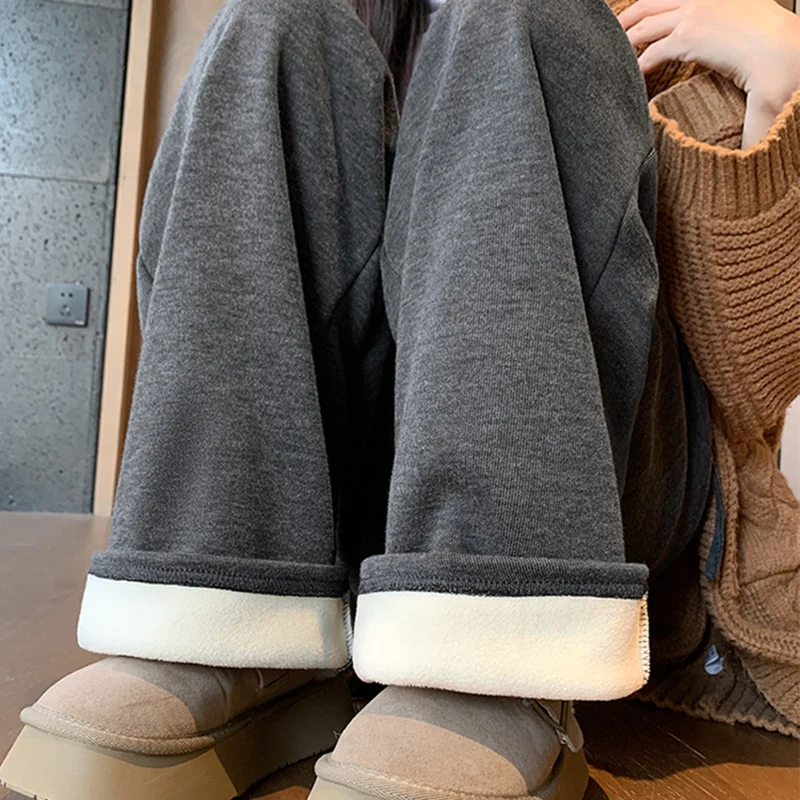 Pantaloni a gamba larga dritti a vita alta Donna Autunno Inverno Addensare Peluche Pantaloni caldi in peluche Donna Pantaloni casual larghi con lacci Donna