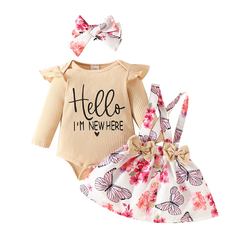 0-18Months Infant Baby Girl Clothing Long Sleeves Pit-Stripe Letters Prints Bodysuit Floral Butterfly Sling Skirts Baby Girl Set