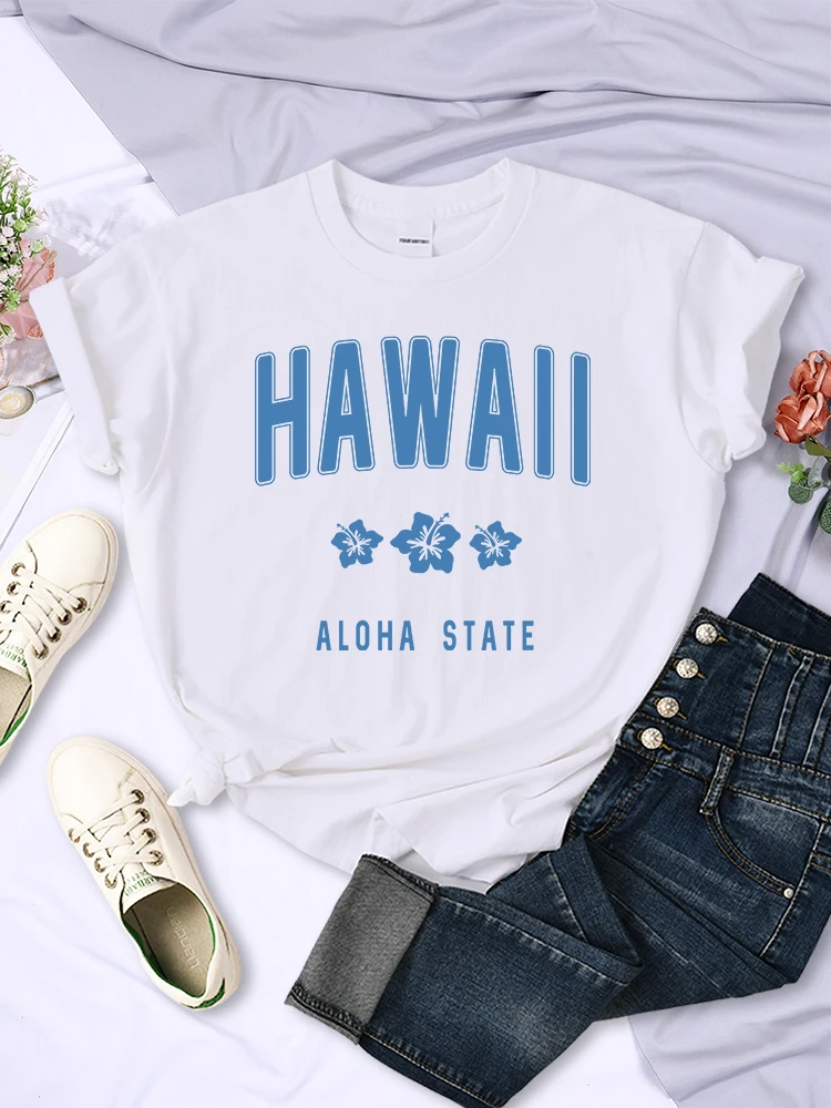 Hawaii Aloha State Letter Print T Shirt Female Street Comfortable T-Shirt Soft Casual Clothes Breathable Oversize Short Sleeve