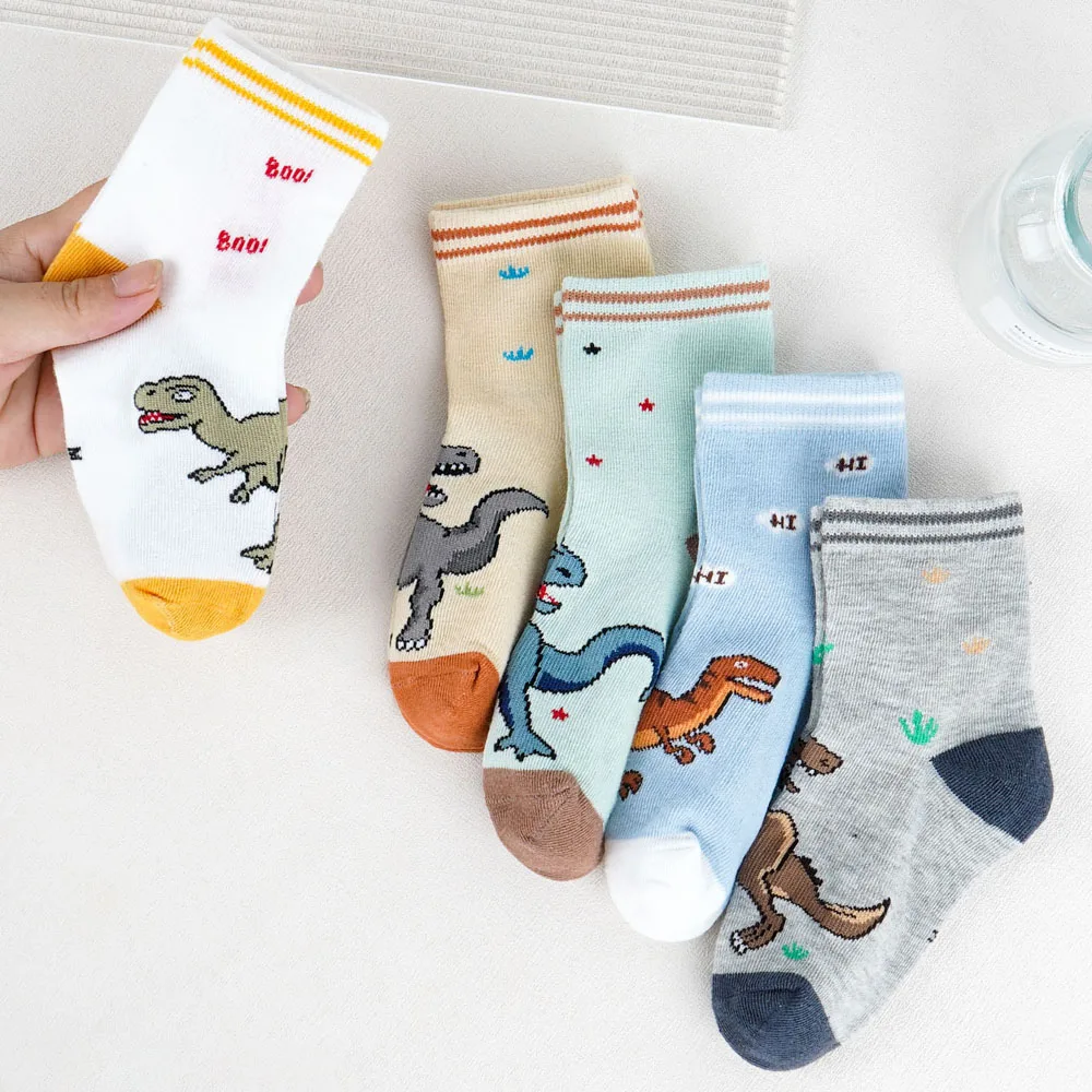 5 pares de calcetines para niños con patrón de dinosaurio de dibujos animados, calcetines para bebés y niños para todas las estaciones