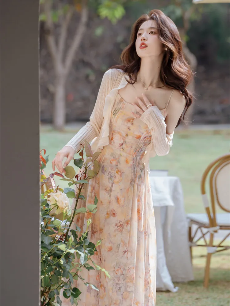 

Dress Two-Piece Suit Women's French Retro Floral Jacquard Sleeveless Long Cardigan SpringSummer V-neck Pullover Slim Fit Fashion