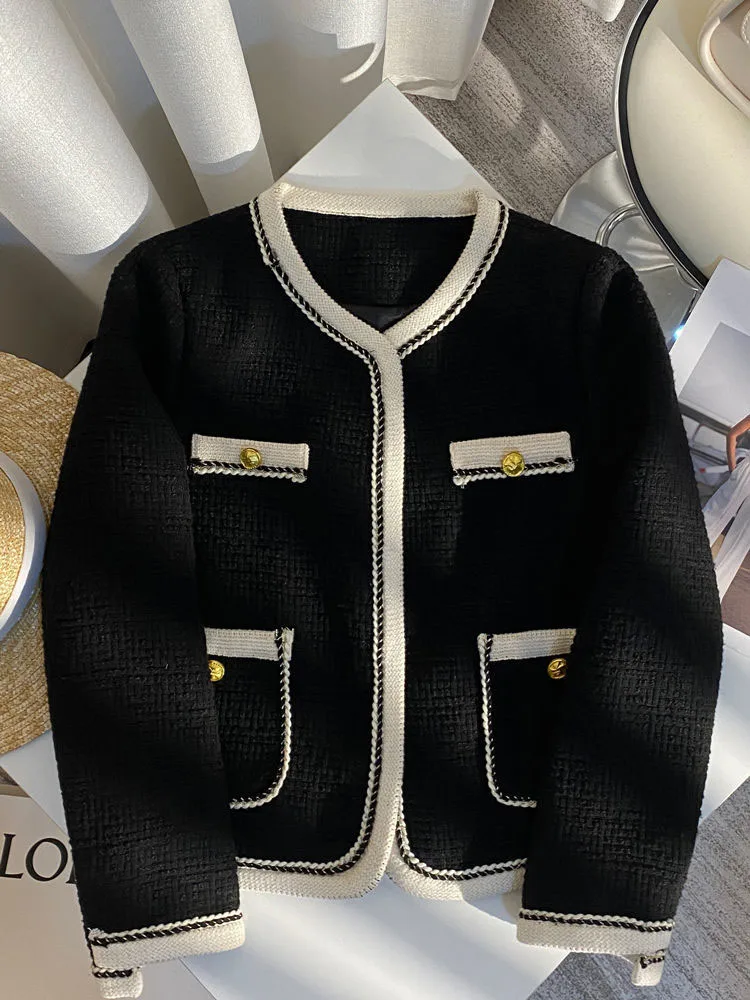 

Japan Sweet Women Tweed Jackets Fashion Patchwork Casual O Neck Coats Chic Long Sleeve Lady Elegant All Match Tops Outwear
