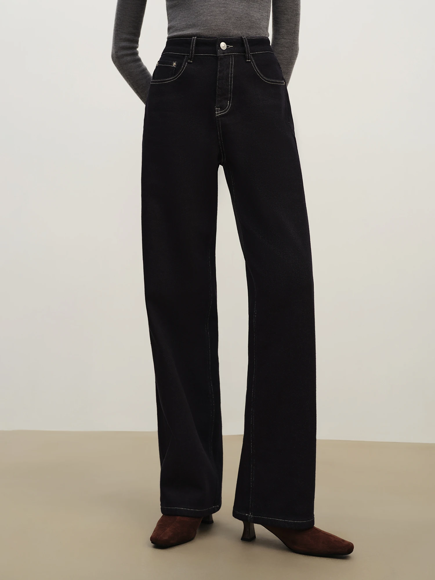 ZIQIAO 2025 Women's Retro Straight Leg Jeans - High Waist Brushed Denim Pants for Autumn Winter Warmth and Comfort