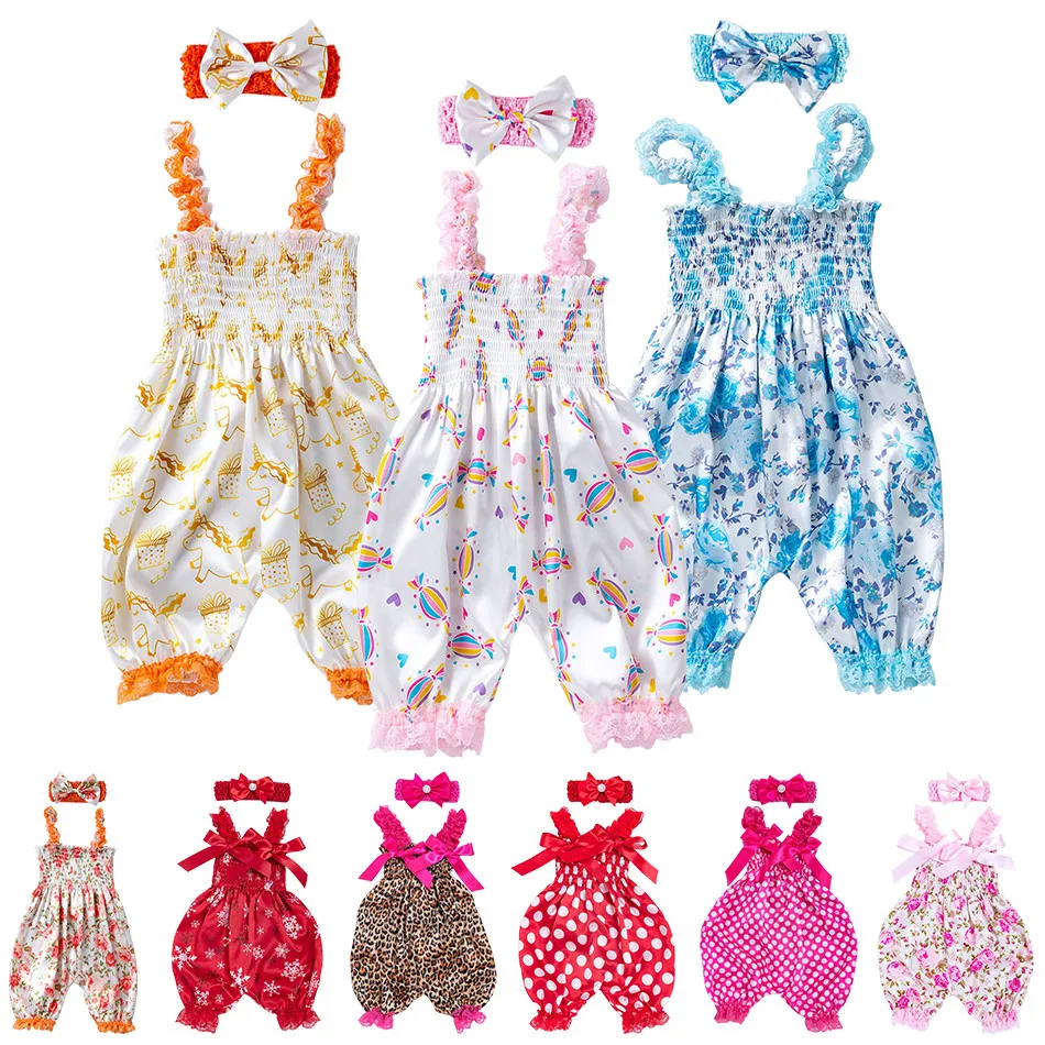 

Stylish and Comfortable 2024 Summer Newborn Baby Girls Cartoon Print Strap Romper with Soft and Breathable Lantern Pants