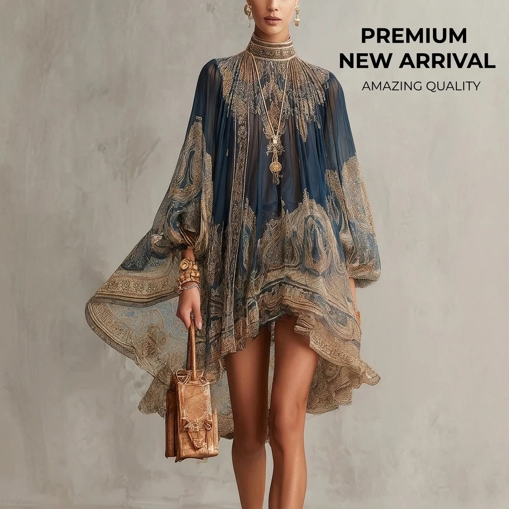 226 Printed Chiffon Dress Women's High Neck Loose Irregular Hem Cape Sleeve Vacation Mini Dress
