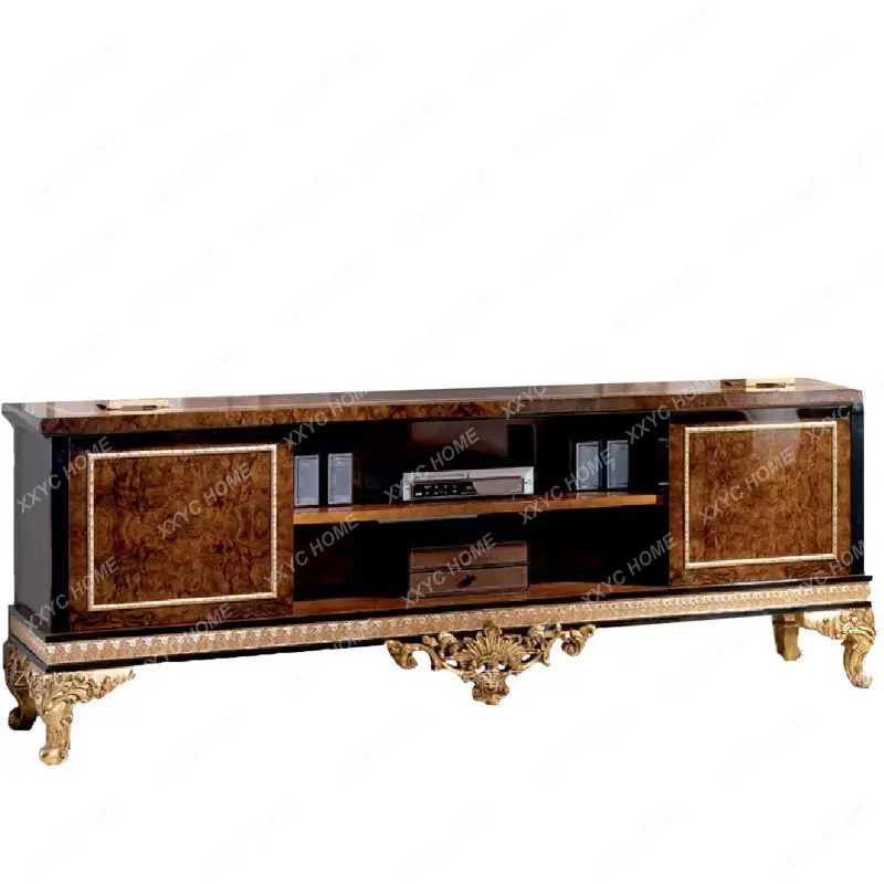 TV cabinet, luxury, solid wood carving flower, neoclassical paint, large apartment super long living room floor cabinet