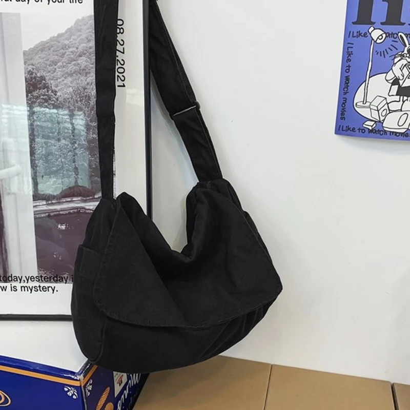 Female Canvas Fabric Hobo Soft Slouchy Shoulder Bag Y2K Student Leisure Medium Size School Book Laptop Pouch Messenger Side Bag