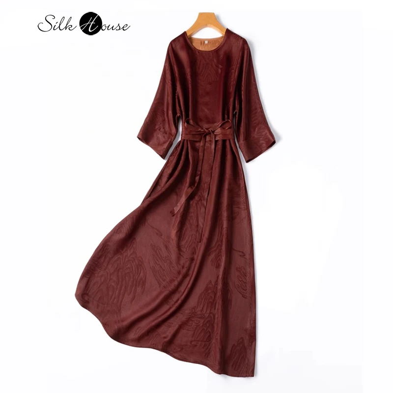 

2024 Women's Fashion Autumn New Extended 45MM 100% Natural Mulberry Silk Fragrant Cloud Yarn Landscape Red Cloud Satin Dress