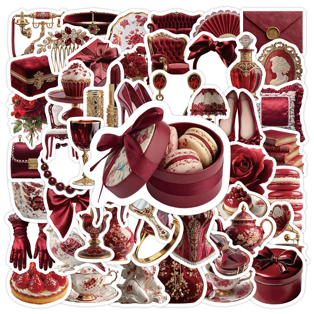 50PCS Cute Red Retro Aesthetic Sticker DIY Creative Decoration Mobile Phone Case Notebook Water Cup Graffiti Toys Gifts Sticker