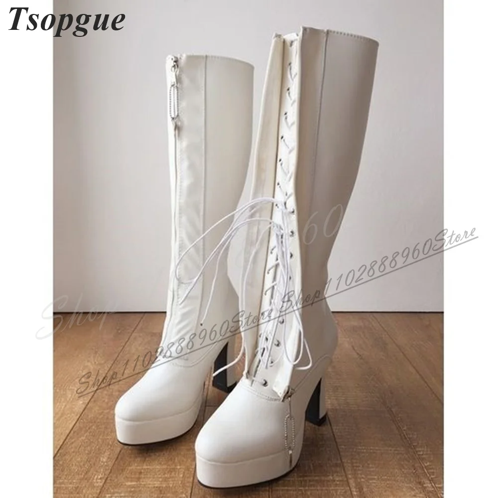 

Elegant Knee High White Cross Tied Platform Boots High Heel Women Shoes Front Zipper Round Toe 2024 Fashion Zapatos Para Mujere