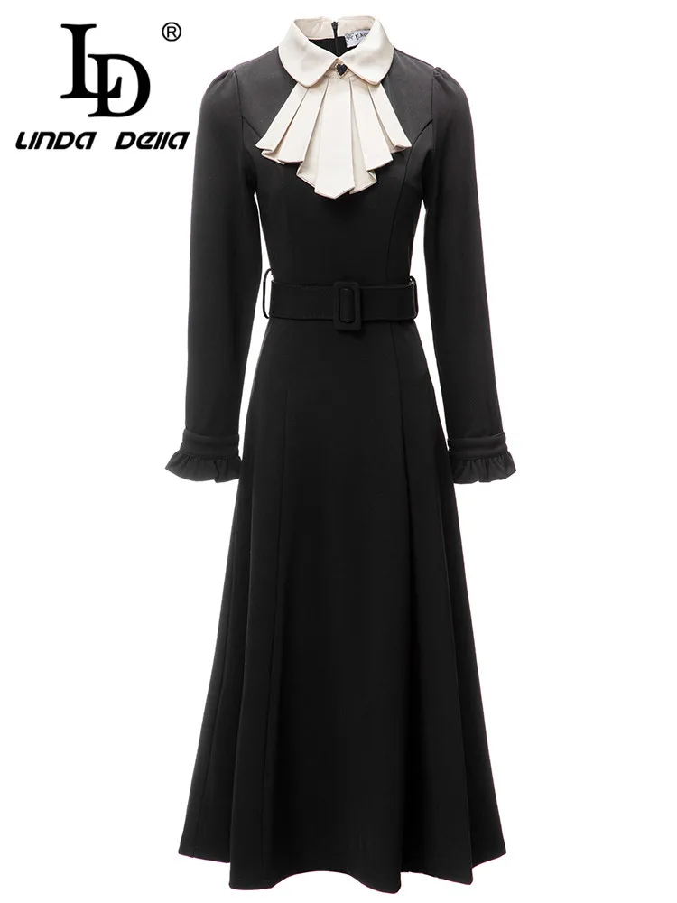 

LD LINDA DELLA Italian Autumn and winter Vintage Dress Women's Black Ruffled Belt Splice Draped Slim Fit Travel Long Dress